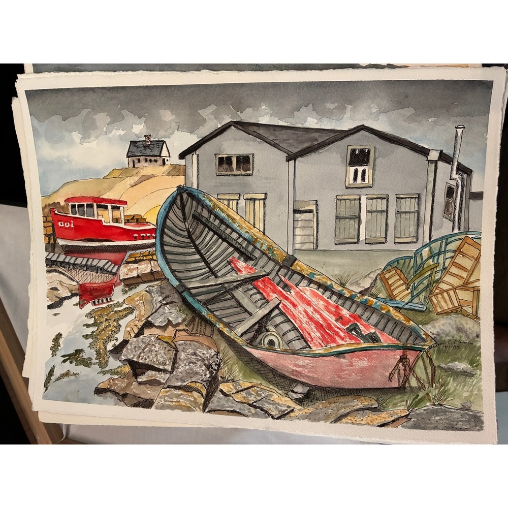Peggys Cove Derelict Stormy Weather Warren C Plauche Watercolor Ink Painting